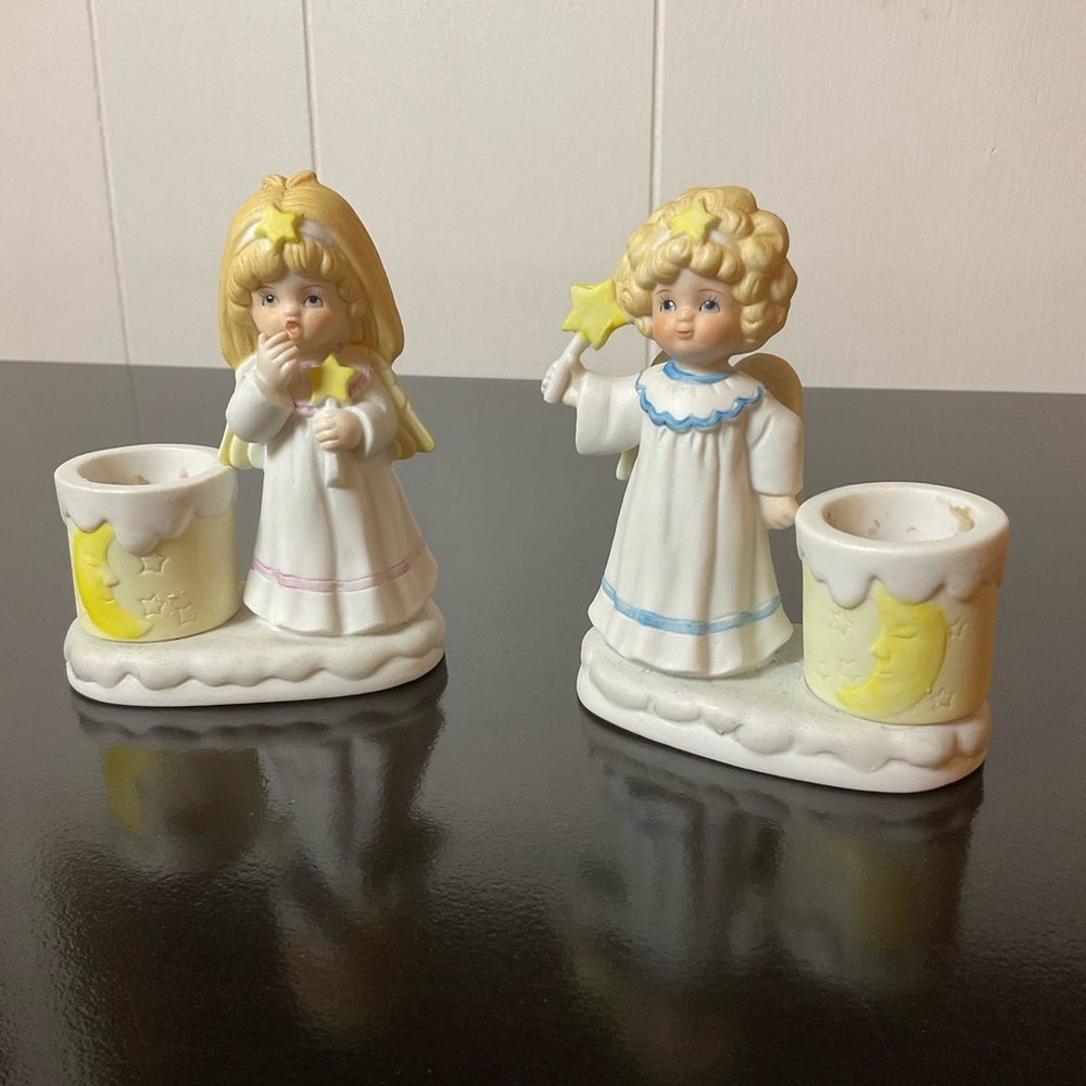 Pair of Vintage Angel Moon & Stars Taper Candle Holders Ceramic Pink and Blue